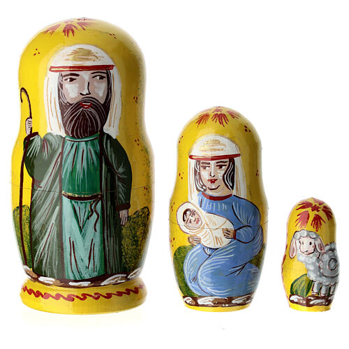 Yellow matryoshka doll with Nativity, set of 3 dolls, 4 in 1