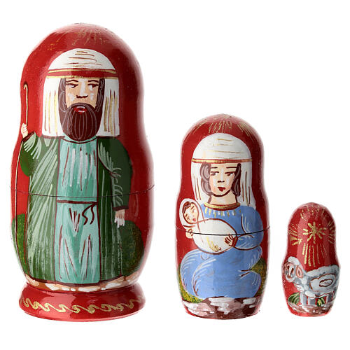 Red matryoshka doll with Nativity, set of 3 dolls, 4 in 1