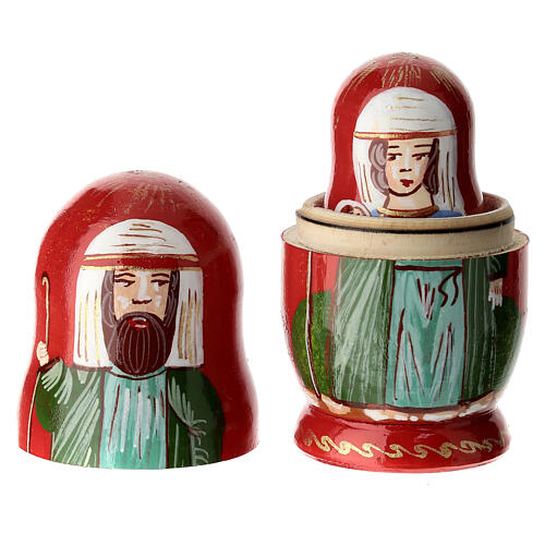 Red matryoshka doll with Nativity, set of 3 dolls, 4 in 2