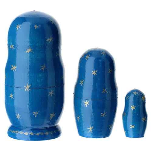 Blue matryoshka doll with Nativity, set of 3 dolls, 4 in 3