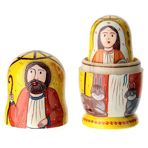 Yellow Russian doll with Nativity, hand-painted wood, 4 in 2