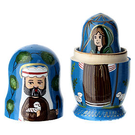 Blue Russian doll with Nativity Scene, hand-painted wood, 4 in