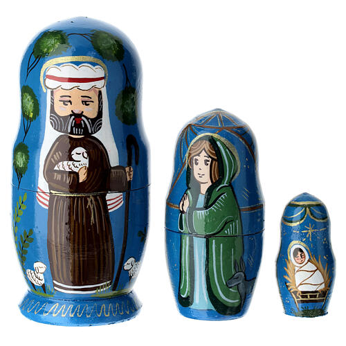 Blue Russian doll with Nativity Scene, hand-painted wood, 4 in 1