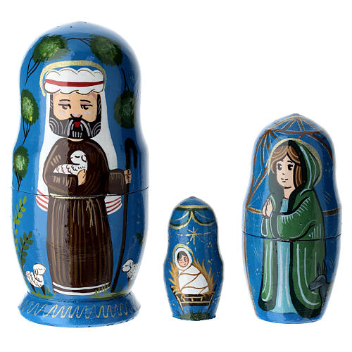 Blue Russian doll with Nativity Scene, hand-painted wood, 4 in 3