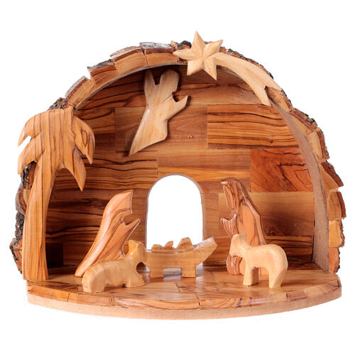 Stylised stable with Holy Family, Bethlehem olivewood, 15x20x10 cm 1