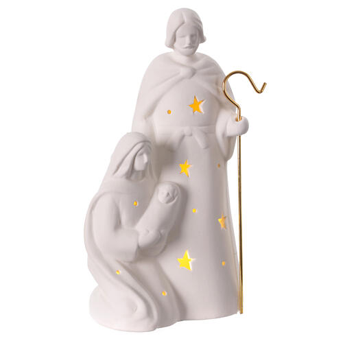 Heilige Familie aus Porzellan mit warmem LED-Licht, Sterne und goldfarbenem Stab, 25,5x14x9 cm 3