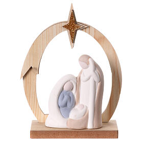 Stylised Nativity with wooden stable and star, porcelain, 15x10x5 cm