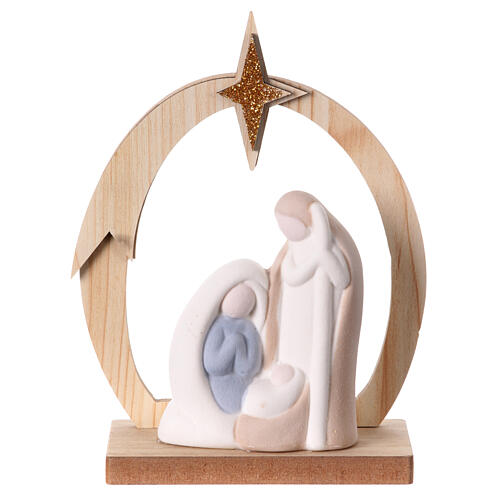 Stylised Nativity with wooden stable and star, porcelain, 15x10x5 cm 1