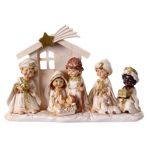 Natividad Reyes Magos estilo Baby blanca oro belén 10 cm 20x25x5 cm 1