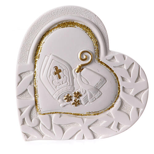 Heart-shaped favour for Confirmation with crozier and mitre, white resin, 3 in 1
