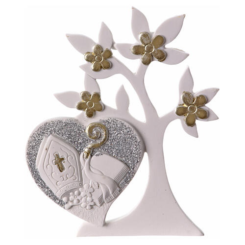 Flowered Tree of Life, Confirmation favour, white and golden resin, 5x4 in 1