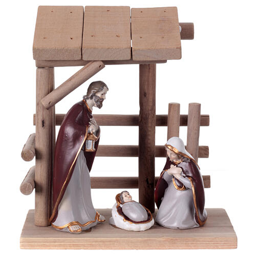 Resin nativity scene 12 cm with wooden stable 20x20x10 cm 1