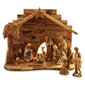Complete nativity set with olive wood carved figurines, 15 cm