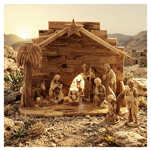 Complete nativity set with olive wood carved figurines, 15 cm 2