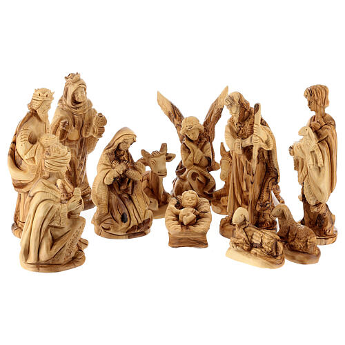 Complete nativity set with olive wood carved figurines, 15 cm 3