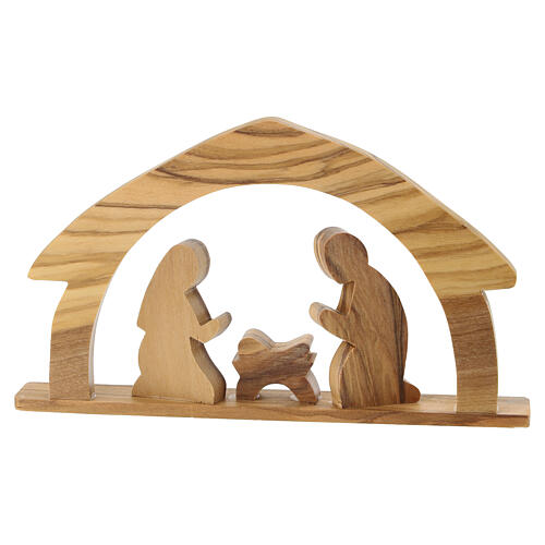 Presepe Sacra Famiglia Terrasanta capanna arco con stella legno d'ulivo 10x15 cm 3