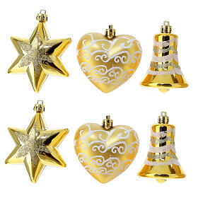 Christmas tree ornaments of golden recycled plastic, mixed shapes, set of 6, 90 mm