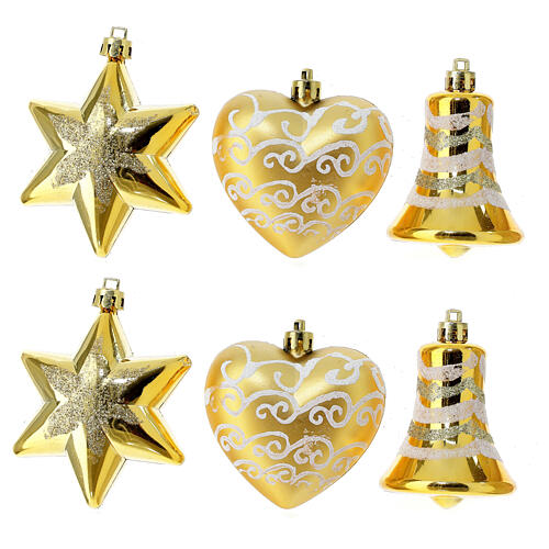 Christmas tree ornaments of golden recycled plastic, mixed shapes, set of 6, 90 mm 1