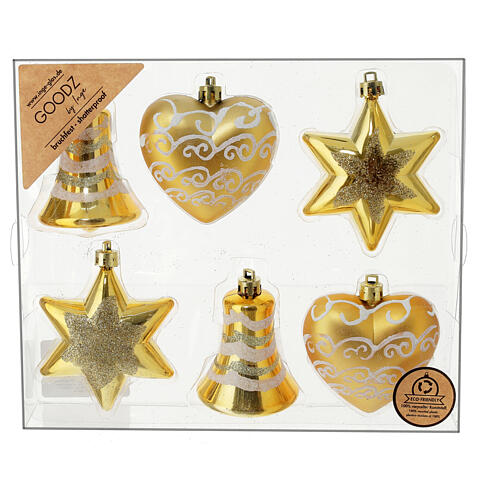 Christmas tree ornaments of golden recycled plastic, mixed shapes, set of 6, 90 mm 5