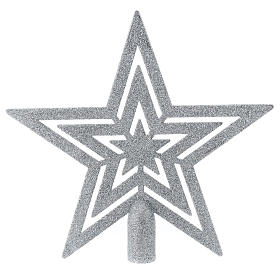 Star-shaped Christmas tree topper, glittery silver plastic, 20 cm