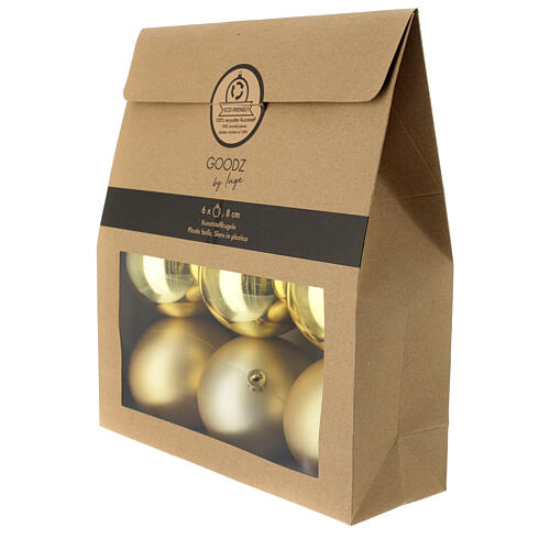 Jogo de 6 bolas de Natal douradas 80 mm ecológicas para árvore de Natal 1