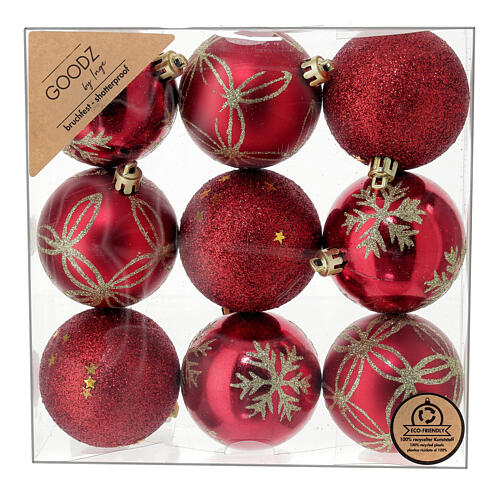 Set of 9 red recycled plastic Christmas baubles 60 mm 5