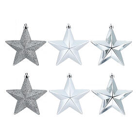 Box of 6 Christmas tree star-shaped ornaments, silver recycled plastic, 10 cm