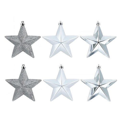 Box of 6 Christmas tree star-shaped ornaments, silver recycled plastic, 10 cm 1