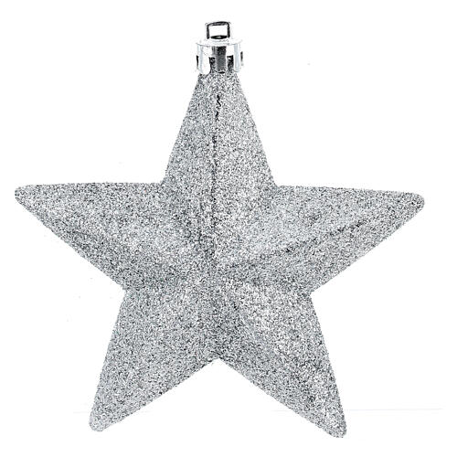 Box of 6 Christmas tree star-shaped ornaments, silver recycled plastic, 10 cm 2