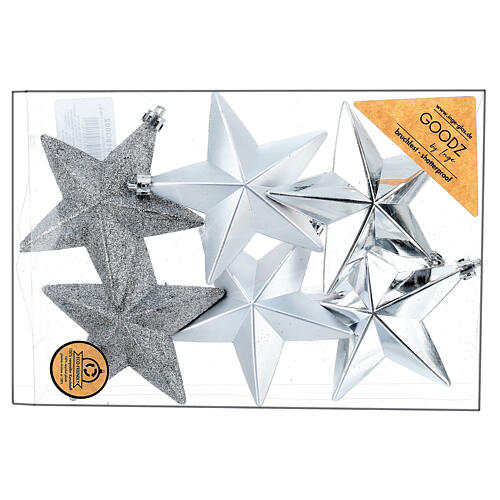 Box of 6 Christmas tree star-shaped ornaments, silver recycled plastic, 10 cm 5