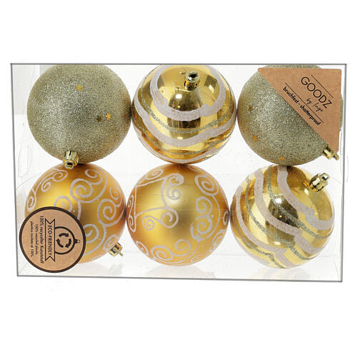 Jogo 6 bolas de Natal douradas 80 mm plástico reciclado eco-responsável 5