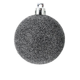 Box of 27 black Christmas balls with glittery silver details, recycled plastic, 60 mm