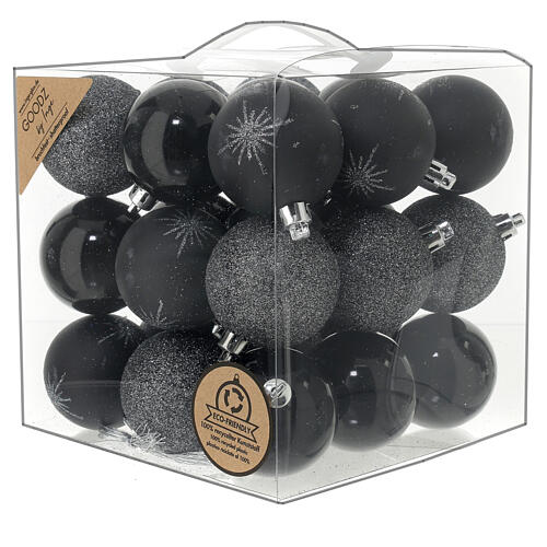 Box of 27 black Christmas balls with glittery silver details, recycled plastic, 60 mm 1