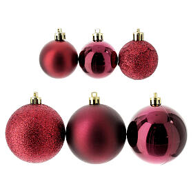 Set of Christmas tree burgundy ornaments, 38 balls of 60 mm and topper