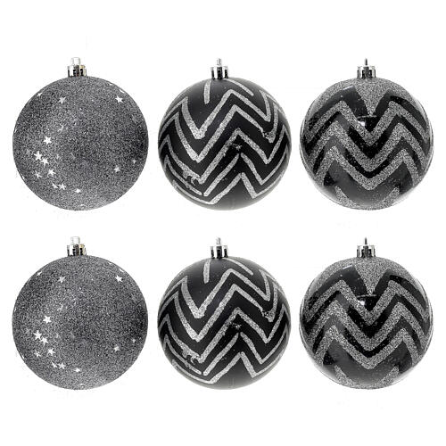 Set 6 palline nere e argento in plastica albero di Natale 80 mm 1