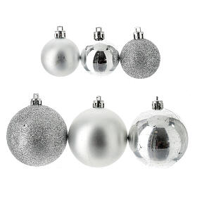 Set of Christmas tree silver ornaments, 38 balls of 60 mm and topper