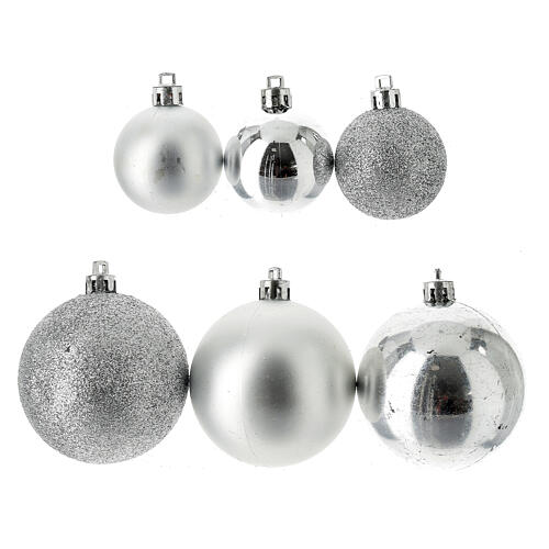 Set of Christmas tree silver ornaments, 38 balls of 40-60 mm and topper 2