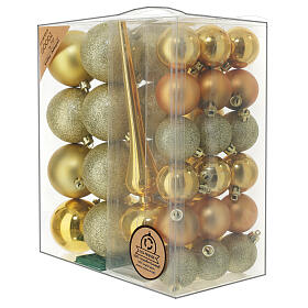 Set of Christmas tree golden ornaments, 38 balls of 60 mm and topper