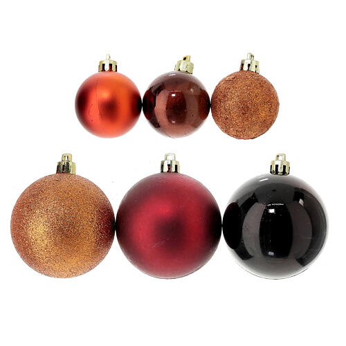 Set of Christmas tree ornaments, 38 balls of 40-60 mm and topper, red orange and dark brown 2