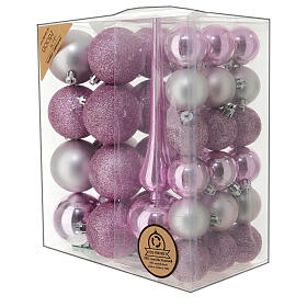 Set of pink plastic Christmas tree ornaments, 38 balls of 40-60 mm and topper