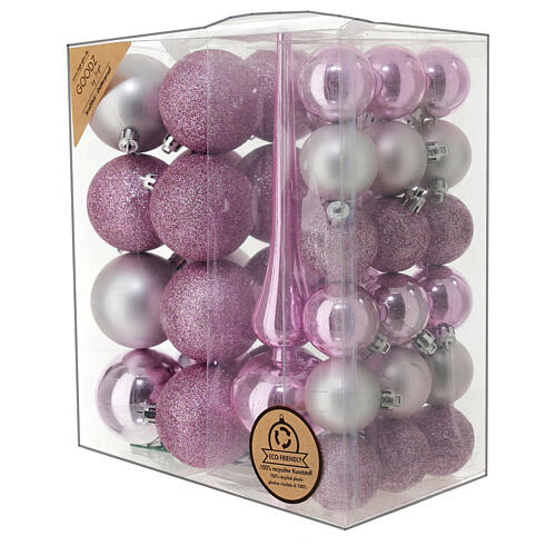Set of pink plastic Christmas tree ornaments, 38 balls of 40-60 mm and topper 1