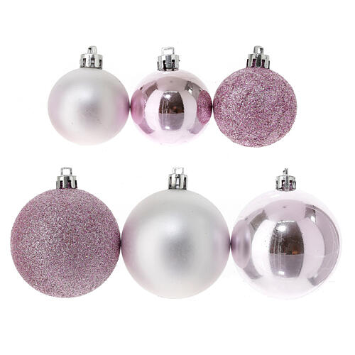 Set of pink plastic Christmas tree ornaments, 38 balls of 40-60 mm and topper 2