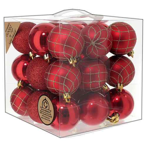 Box of 27 eco-friendly Christmas tree red baubles 60 mm 1