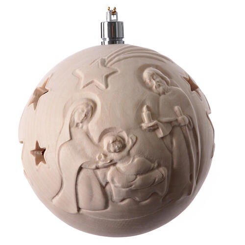 Christmas wooden ball with carved Nativity and warm light, Val Gardena, 2.2 in, natural wood 5