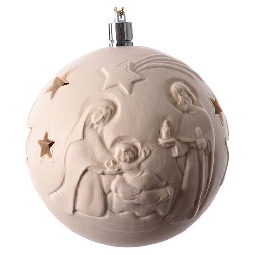 Christmas ball with carved Nativity and warm light, Val Gardena natural wood, 2.8 in 1