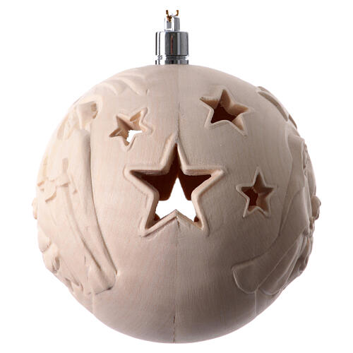 Pallina albero Natale legno intagliato a mano Sacra Famiglia 9 cm luce Valgardena 3