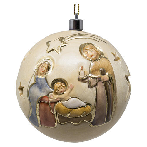 Boule sapin Noël Sainte Famille sculptée peinte 7 cm Val Gardena lumière 2