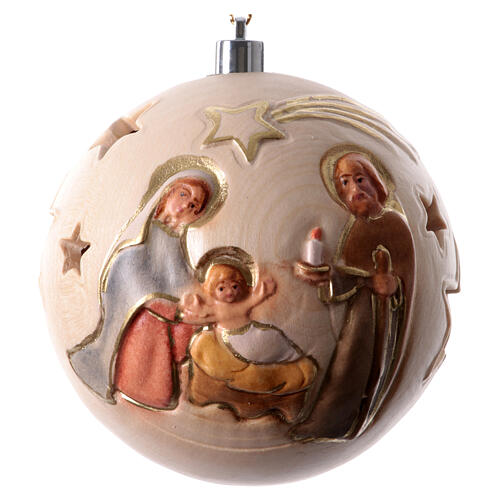 Christmas ball with carved Nativity and warm light, Val Gardena painted wood, 3.5 in 4