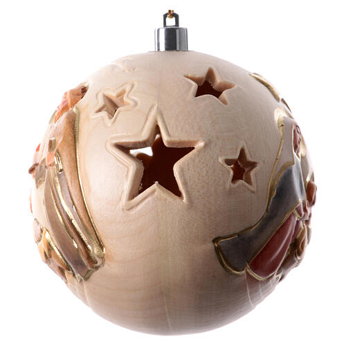 Christmas ball with carved Nativity and warm light, Val Gardena painted wood, 3.5 in 5