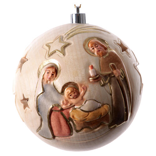 Christmas ball with carved Nativity and warm light, Val Gardena painted wood, 3.5 in 7